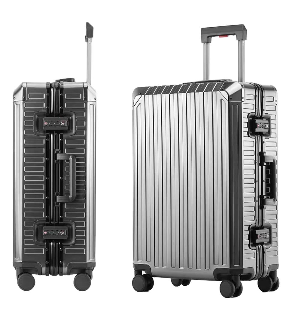 KANGSHILU Mvst Luggage Premium All Aluminum Magnesium Carry On 20'' Lightweight Metal,Suitcase with Spinner Wheels Built-in Toiletry Set, Luggage Protector（silvery） (Grey, 24inch)
