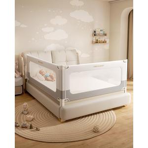 2 Piece Bed Rails for Queen Bed, No-Drill Needed Baby Bed Rail Guard for Toddlers with Height Adjustable, Thickened Child Safety Side Railing Guards/Bedrail for Kids, White/Grey, 60x78.7Inches