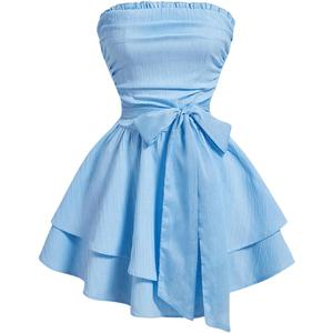 Milumia Women's Bow Front Frill Shirred Tube Dress Flared A Line Short Dresses (Medium, Blue)