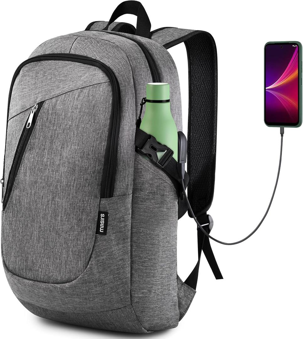 Masirs Laptop Travel Backpack - Adjustable Shoulder Straps, Zippered Compartments with Side Pockets for Water Bottle or Umbrella. Headset and USB Charging Port. Perfect for Business or Traveling