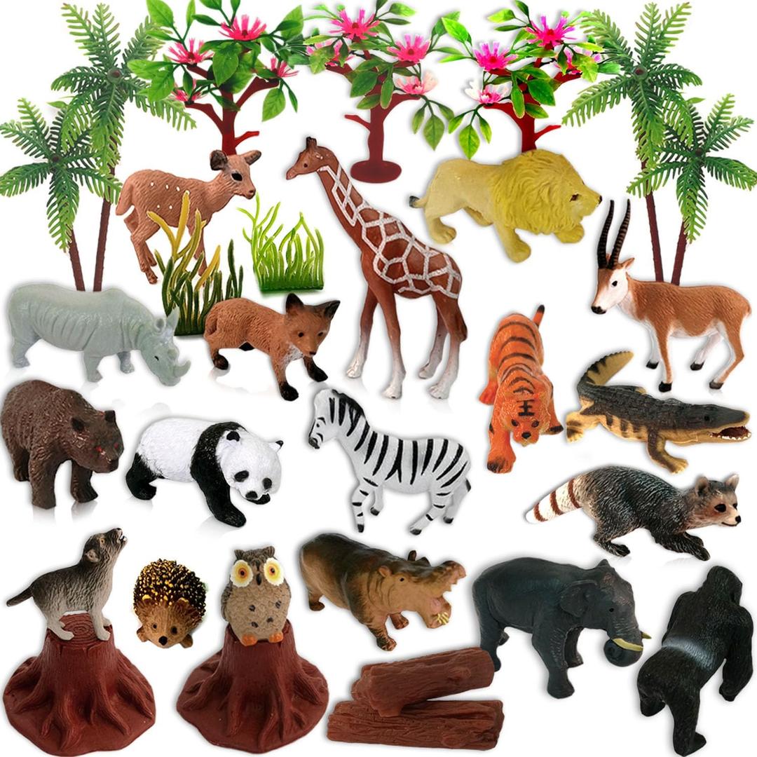 Animals Figures Toys, Realistic Wild Zoo, 29Pcs, Model Trees with Safari Animals, Plastic Figurines Playset for Kids' Learning & Party