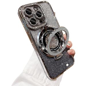 Bling Glitter Phone Case Compatible with iPhone 16 Pro Max, Kickstand Camera Lens Protector Soft Cover Sparkling Rhinestone Case (Silver)