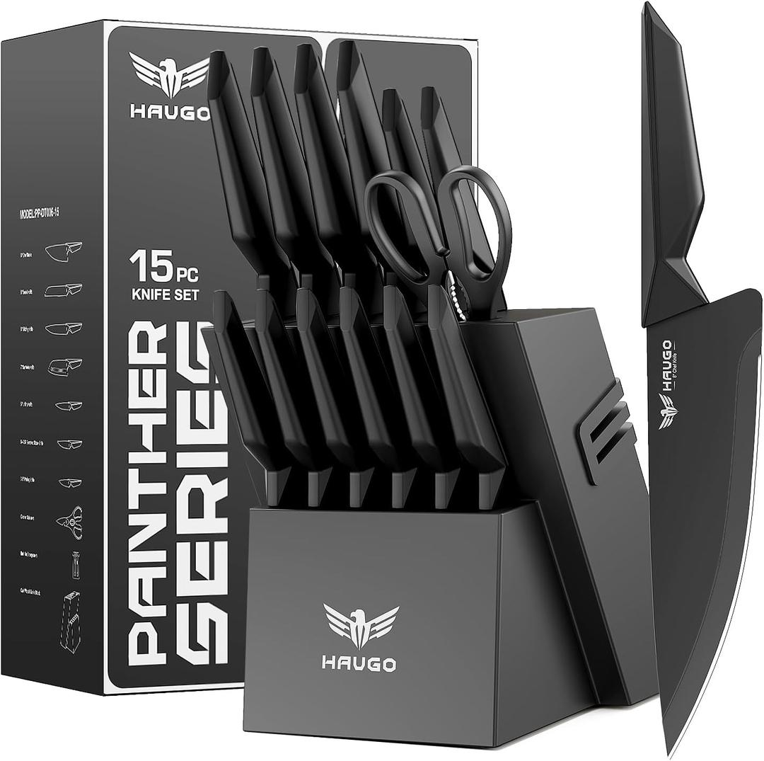 Kitchen Knife Set with Block: 15-Piece High Carbon Stainless Steel Professional Knives - Comfortable Grip Reduces Hand Fatigue 30% - Dishwasher Safe and Sharpener - Black Knife Set for Cooking