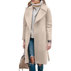 BZB Women's Long Wool Blend Pea Coat Winter Casual Overcoat Notched Lapel Collar Trench Coat Belted Long Jacket Outerwear (X-Large, Beige)