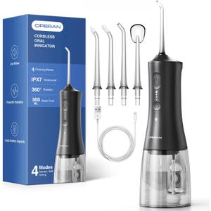 Operan Portable Water Flossers for Teeth, 300ml Water Dental Flossers for Adults, Kids, Braces Care, 4 Modes Water Picks for Teeth Cleaning and Flossing, Oral Irrigator Kit with 4 Tips, Black + 1Pack