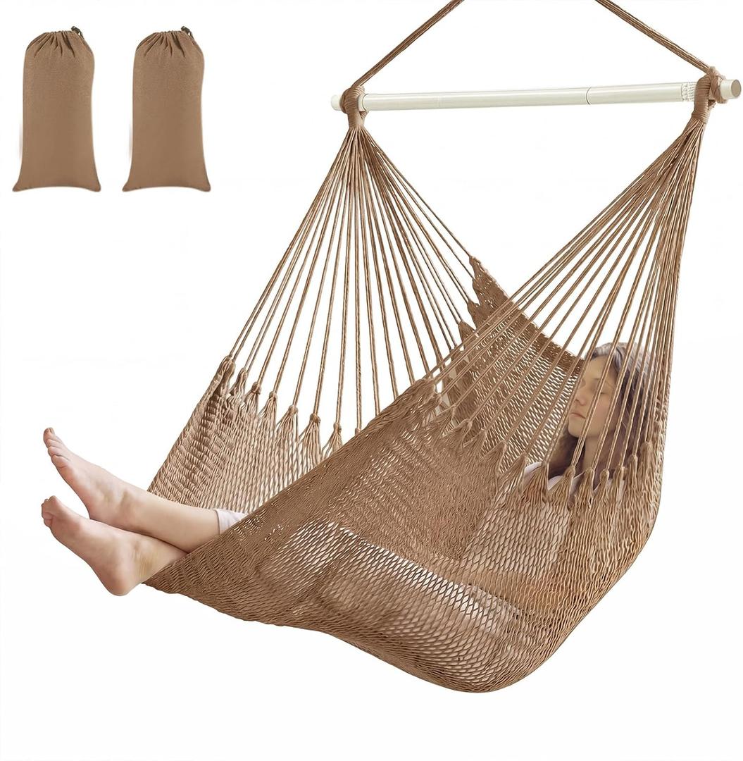 Barydat 2 Pcs Hanging Hammock Chair Boho Swing Chair Outdoor Indoor Comfy Soft Cotton Rope Weaving with 40 Inch Detachable Metal Bars for Backyard Living Room Garden, 270lb Capacity(Brown)