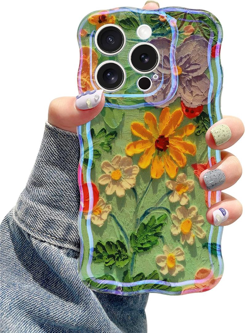 2 x Jusy Compatible with iPhone 11 Pro Max, Colorful Retro Oil Painting Printed Flower Laser Glossy Pattern Cute Curly Wave Phone Case Soft TPU Cover for Girly Women - Green Yellow