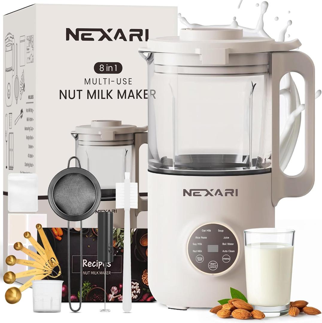 9 pcs Nexari 8-in-1 Nut Milk Maker Machine  1.2L Stainless Steel & Glass | Almond, Oat, Soy, Coconut Machine | Blenders | Plant-Based Smoothie Blender, Milk Frother & Milkshake maker | Self-Cleaning