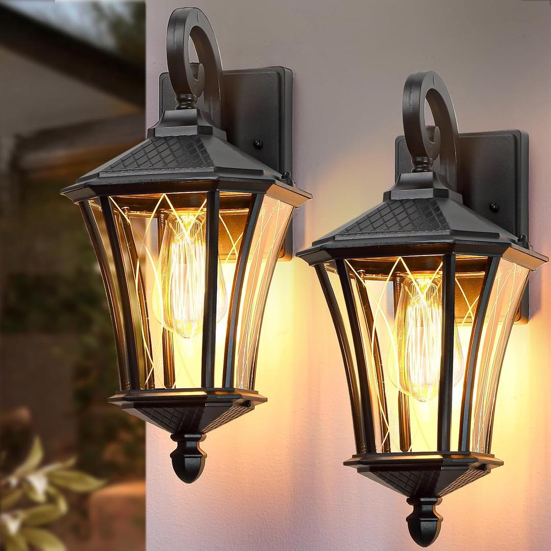 YSN 16'' Outdoor Wall Lights 2 Packs, Black Exterior Lighting Fixture Outdoor Sconce Lights, Waterproof Outside Lights for House with E26 Socket, Outdoor Lanterns for Porch, Garage, Farmhouse, 16inch-No Sensor-2Pack