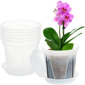 Plant Pots 7 Inch Set of 6, Clear Plastic Nursery Pot with Drainage Holes and Saucers, Flowers Planter for Indoor Outdoor Plants