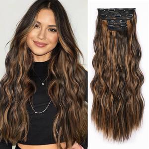 NOTICEME Clip in Hair Extensions for Women 22 Inch Long Wavy Synthetic Hair, 4PCS Thick Double Weft Natural Hairpieces Clip Ins (Brown Mixed Copper Highlights)