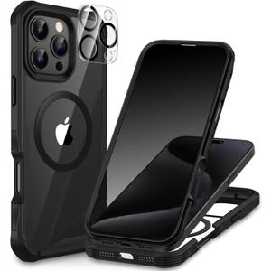 CENHUFO Magnetic Privacy for iPhone 16 Pro Case [Compatible with Magsafe] Full Body Phone Case Built-in 9H Tempered Glass Privacy Screen Protector and Camera Lens Cover, Shockproof Bumper - Black