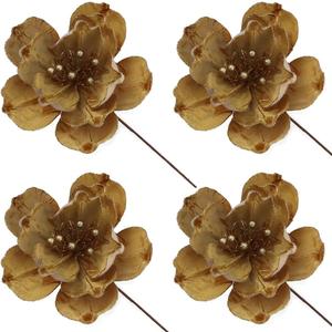 4 Pack Artificial Magnolia Flowers for Christmas Party - 9Inch Glitter Gold Magnolia Flower Picks with Stems for Xmas Tree Holiday Party