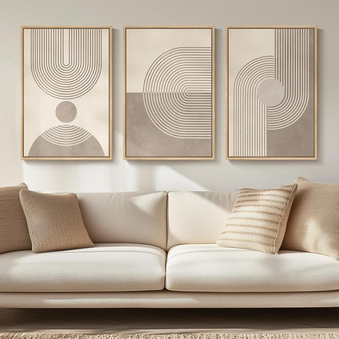 Framed Neutral Modern Minimalist Wall Art for Living Room, 3 Piece Boho Abstract Canvas Prints Artwork for Walls, Mid Century Boho Neutral Geometric Paintings for Bedroom Hallway Wall Decor, 16x24 In