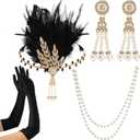 5 Pack 1920s Gatsby Flapper Accessories Set, 20s Party Costume Headband for Women, Feather Flapper Headpiece, Pearl Necklace and Earrings, Gloves, Faux Holder