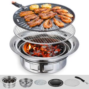 Puraville Charcoal Barbecue Grill, 13.7 Inches Non-Stick Korean BBQ Grill, Portable Stainless Steel Charcoal Stove for Home Party Outdoor Camping