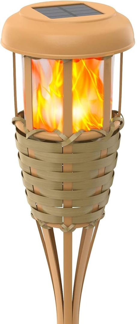 Evelynsun Flickering Flames Solar Powered Lights - Upgraded Solar Torches Waterproof Outdoor Decorative Lighting Auto On/Off, Handmade Bamboo Finish, 1 Pack