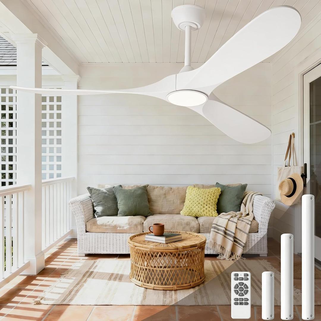 White 60 inch Ceiling Fan with Light and Remote, Modern Outdoor Ceiling Fans with Lights for Indoor Living Room Patios Porch Bedroom 3 Blade Propeller High CFM Wet Rated Wooden Fan