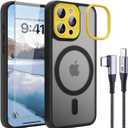 4 in 1 Magnetic for iPhone 16 Pro Max Case [with 1X Screen Protector, Braided Cable, Removable Lens Case] [Mil-Grade Drop Protection] Shockproof Slim Translucent Matte Protective Phone Case, Black