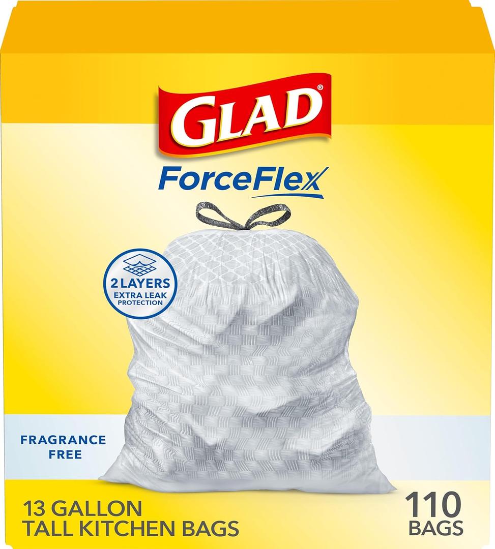 Glad ForceFlex Tall Kitchen Drawstring Trash Bags, 13 Gal, Fragrance Free, Count of 110