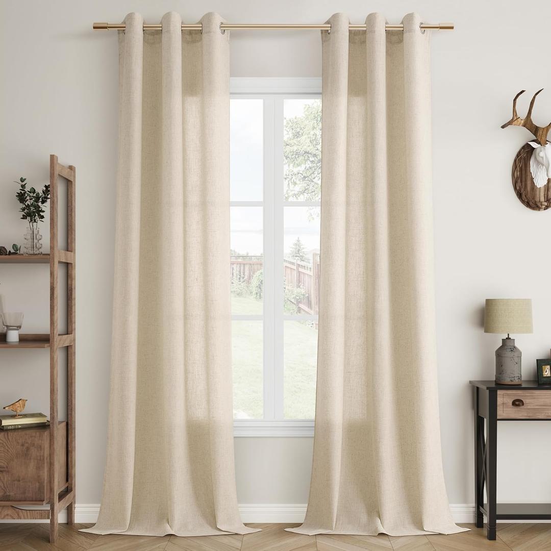 Linen Blend Curtains 90 Inches Long 2 Panels for Patio Glass Door Living Room Grommet Top Light Filtering Semi Sheer Privacy Neutral Boho Tan Oatmeal Window Curtains 90 Inch Length for Bedroom 40"x90"