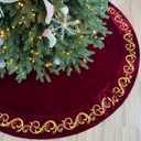 72-Inch Velvet Christmas Tree Skirt with Golden Swirl Embroidery and Lace Tie Closures, Burgundy