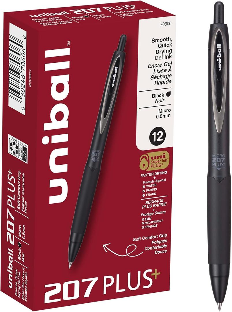 uniball 207 Plus+ Retractable Gel Pens, Micro Point (0.5mm), Black, 12 Pack