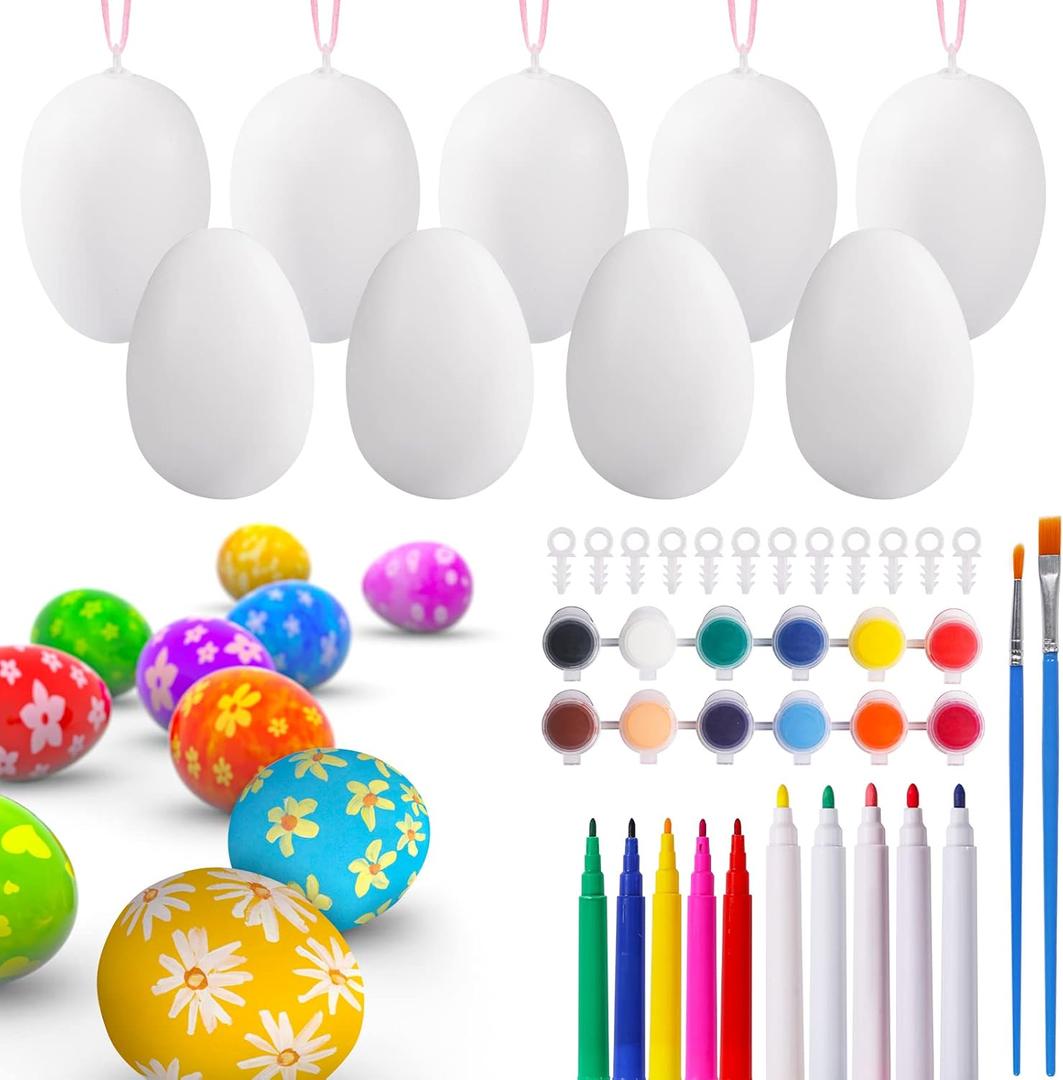 Max Fun 50 Pcs White Blank Easter Eggs Ornaments Bulk Decoration for Craft Hanging Plastic Artificial Eggs with Rope DIY Painting Decorating Basket Fillers Gift Easter Party Favors