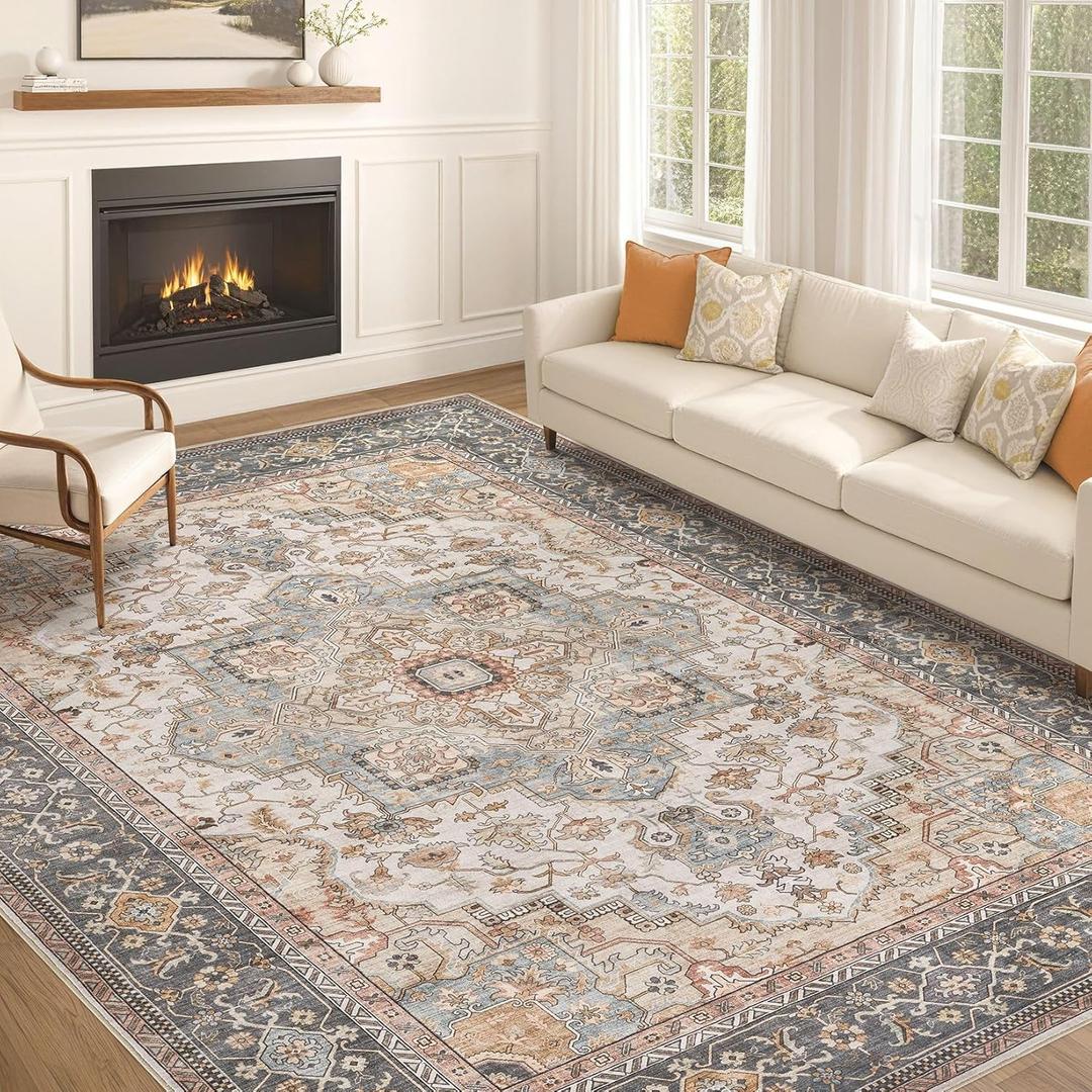 Washable Area Rugs for Living Room - 10x14 Neutral Vintage Distressed Floral Farmhouse Boho Large Soft Floor Rug Indoor Non Slip Carpet for Bedroom Dining Room Office - Forest Green Orange