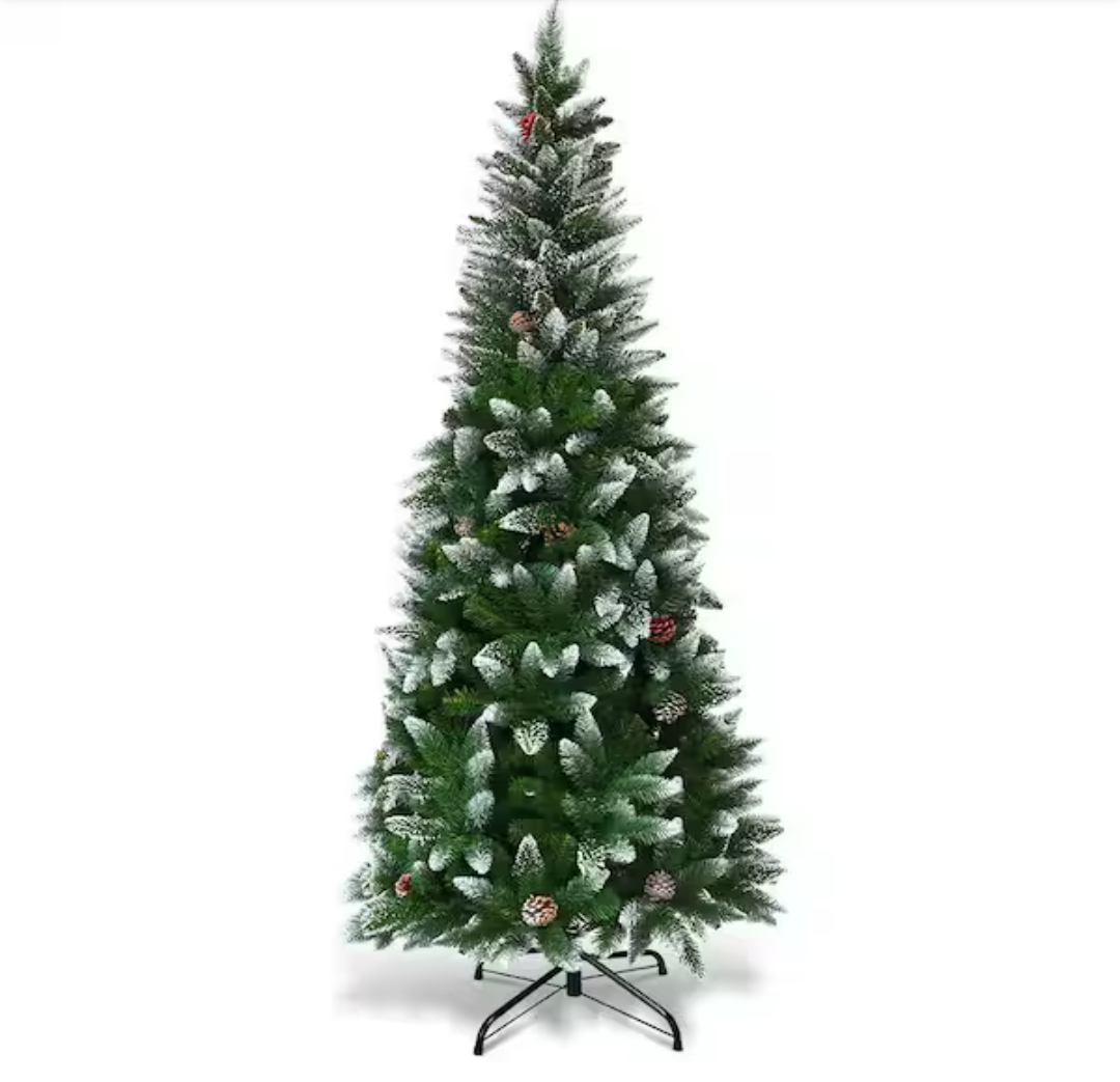 5 Ft Snow Flocked Unlit Artificial Pencil Christmas Tree Hinged with Pine Cones