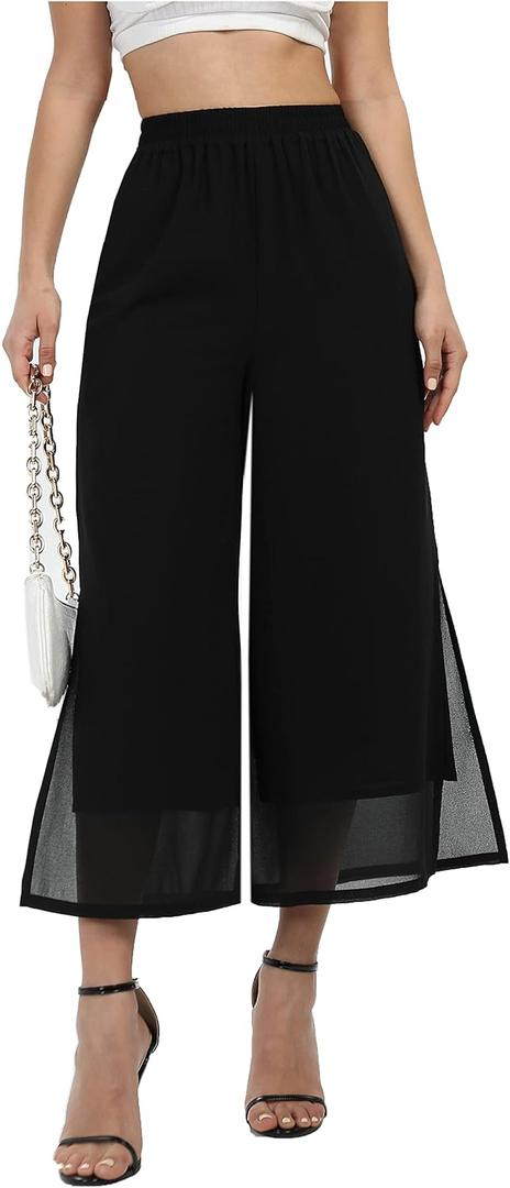 Women's Summer Capris Wide Leg Palazzo Pants Dressy Casual Split Chiffon Trousers (Black, M)