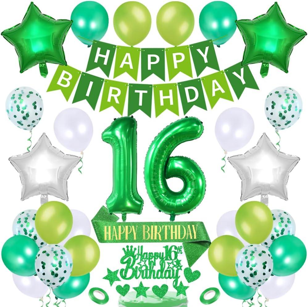 16 Birthday Decoration Number Balloon Set Happy Birthday Banner Star Foil Latex Balloons Glitter Satin Sashes Cupcake Toppers Party Decor 16th Years Old Decorations Party Supplies, Green