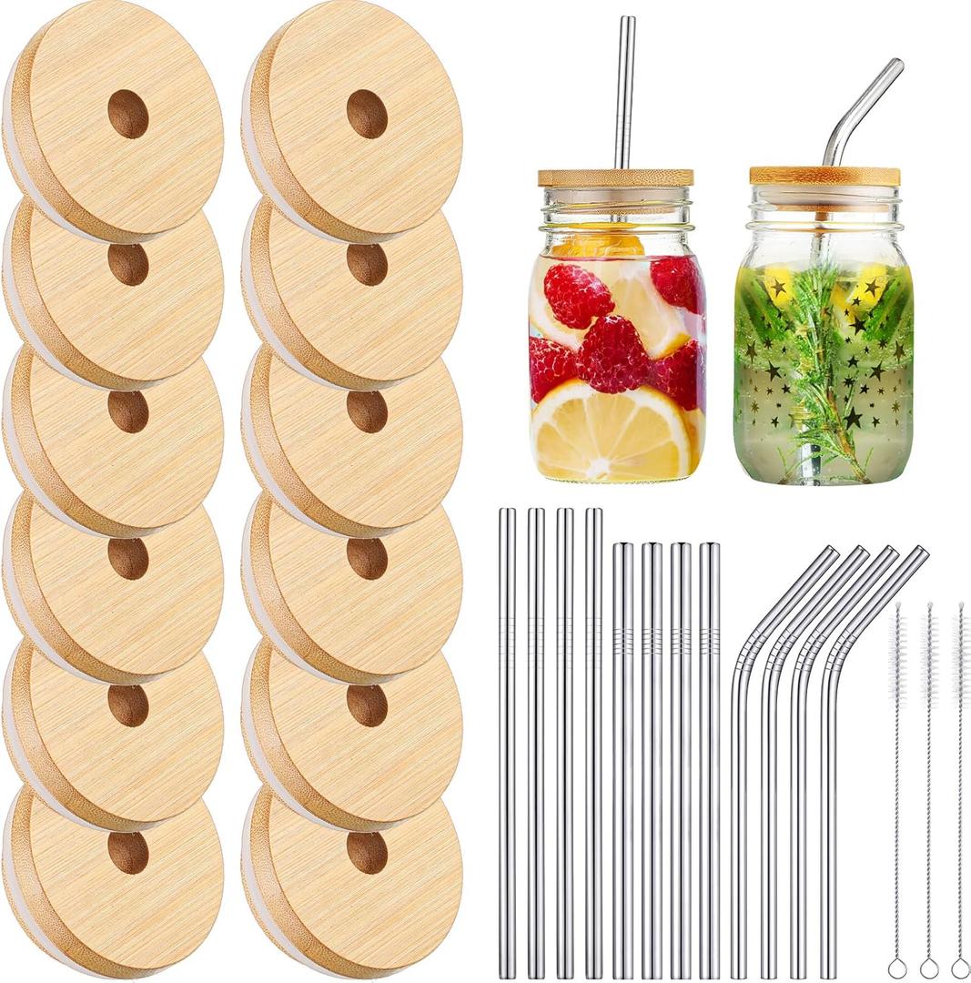 Cunhill 27 Pcs 70mm Bamboo Jar Lids Set with Straw Hole for Glass Cups Reusable 2.76 Inch Wooden Lids with Silicone Ring Stainless Straw and Brushes for Beer Can Cups Regular Mouth Drinking Jars