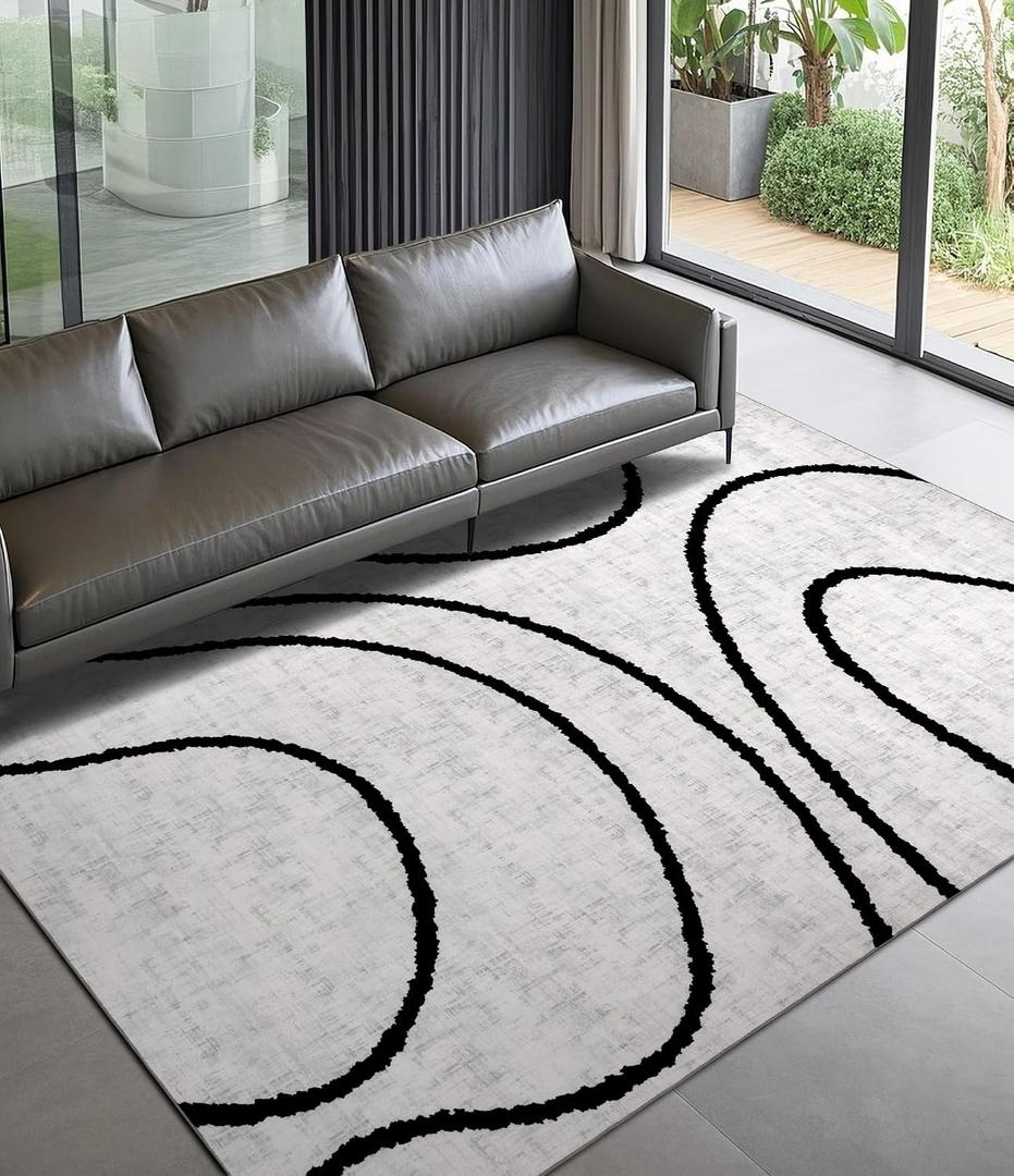YIHOUSE Modern Area Rugs for Bedroom,5x7 Washable Black and White Rug, Thin Abstract Geometric Minimalist Striped Rug, Black Rugs for Bedroom,Kitchen,Dining Room Office