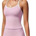 SUUKSESS Women 2 Piece Workout Sets High Waisted Tummy Control Biker Shorts Halter Padded Tank Tops (Pink, XS)