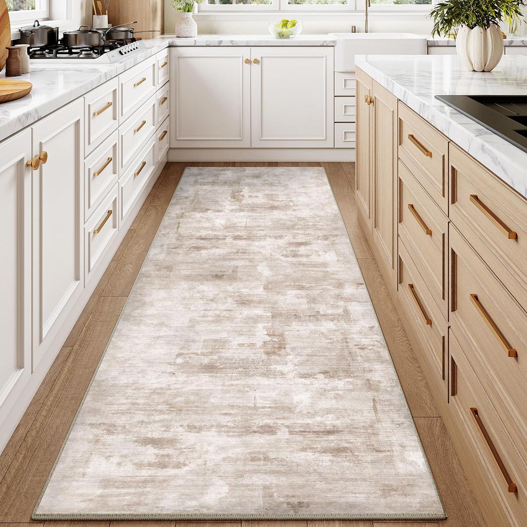 2x6 Washable Runner Rug Beige Abstract Modern Hallway Kitchen Non Slip Area Rug Living Room Bedroom Throw Rug Soft Thin Simple Indoor Carpet for Entrance Laundry Bathroom (2' x 6' (Runner))