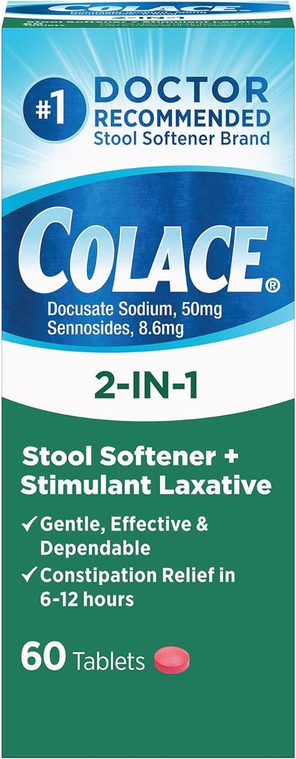 Colace 2-In-1 Stool Softener Plus Stimulant Laxative for Gentle Effective Constipation Relief, Docusate Sodium Plus Sennosides, 60 Count