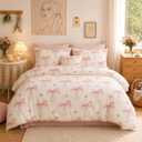 Pink Bow Comforter Set Queen Size - 3 Pieces Pink White Heart Comforter Bedding Sets Reversible Pattern,Queen Bed in a Bag for Girls Comforter and 2 Pillowcases