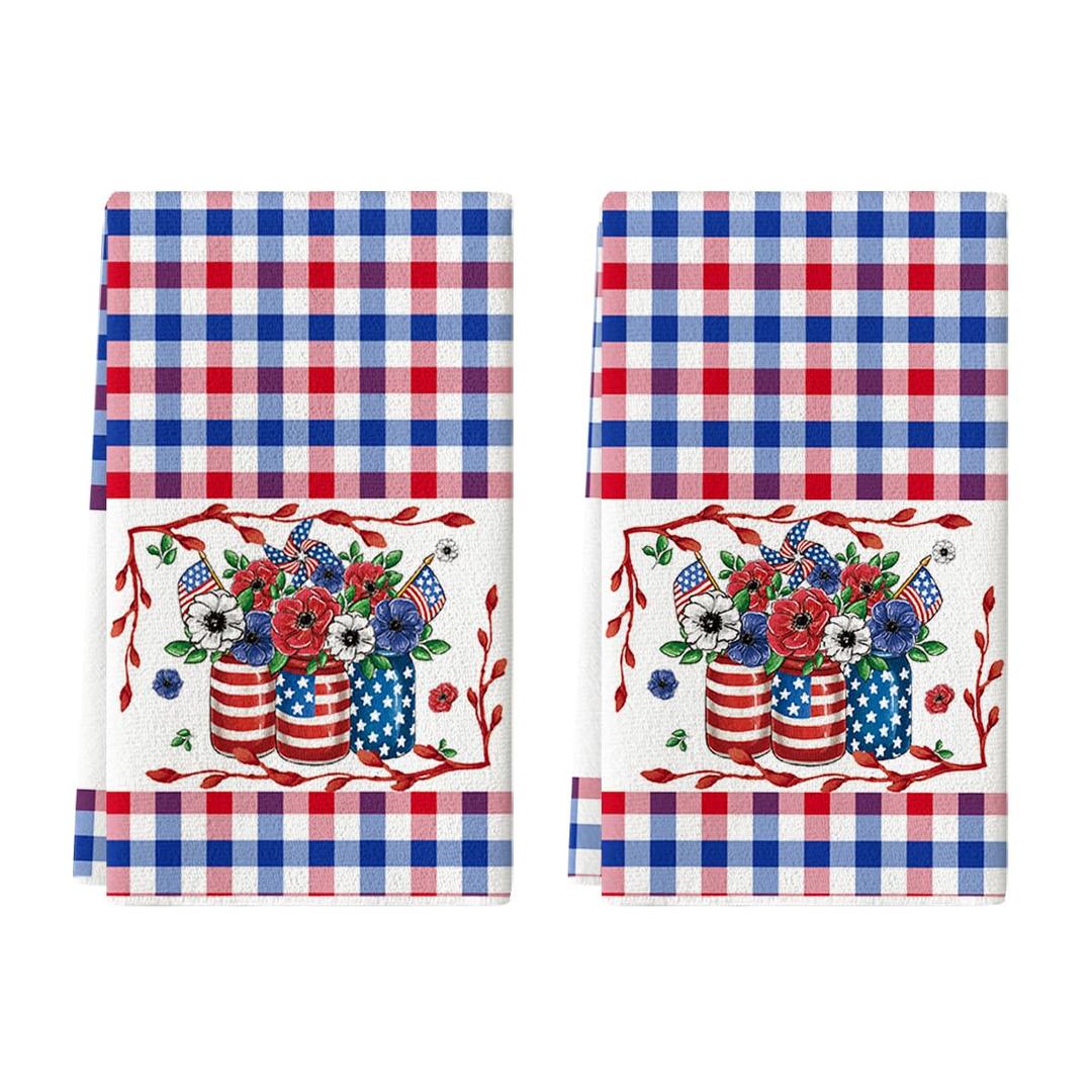 Artoid Mode Colorful Checkered Vase Floral 4th of July Kitchen Towels Dish Towels, 18x26 Inch Independence Day Decoration Cleaning Set of 2