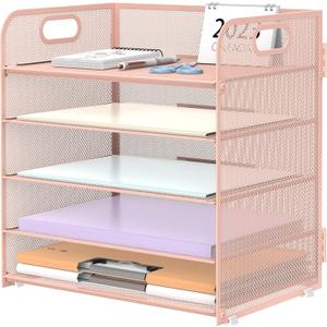 Supeasy 5 Trays Paper Organizer Letter Tray with Handle-Mesh Desk File Organizer, Paper Sorter Desk Organizer for Office, Home or School (Pink)