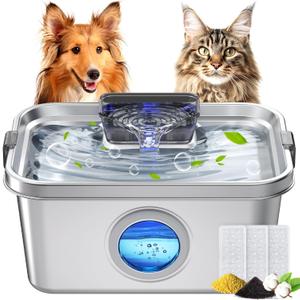 Dog Water Fountain 2 Gal, Stainless Steel Dog Water Fountain for Large Dogs Multi-Cats, Pet Water Fountain with Big Window, Super-Quiet Pump, Indoor Automatic Dog Water Bowl Dispenser Fountain Filters