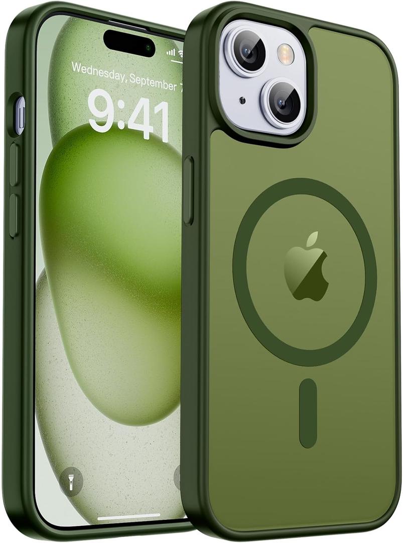 Magnetic for iPhone 15 Case & iPhone 14 Case, [Compatible with MagSafe] [Military Grade Drop Protection] Translucent Matte Shockproof Anti-Scratch Phone Cover, Cangling Green