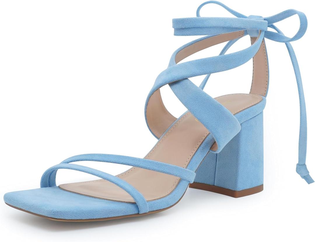 Women's Strappy Lace Up Heels Square Toe Block Sandals | Tie Up Ankle Wrap Design Dress Shoes for Wedding Guest, Graduation and Homecoming 9