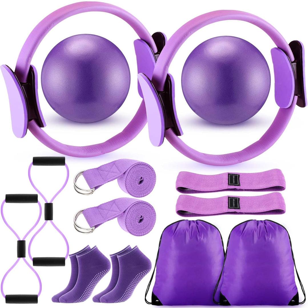 Poen Pilates Equipment Kit for Home Workout Pilates Ring and Ball Set for Women 12'' Circle Yoga Fitness Essentials Kit with Resistance Bands, Yoga Strap, Socks,Bag (Purple)