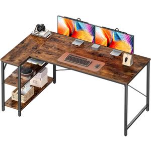 Huuger L Shaped Desk, 55 Inches Computer Desk with Reversible Storage Shelves, for Gaming Corner Home Office Writing Study, Metal Frame, Rustic Brown