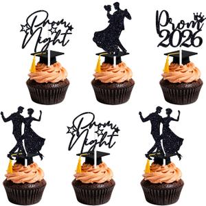 16PCS Black Glitter Prom 2026 Cupcake Toppers - Class of 2026 Senior High School Prom Night Graduation Party Decorations, 5.9''x5.5"