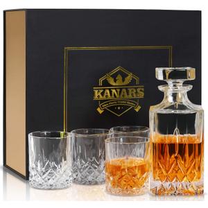 KANARS Whiskey Decanter And Glasses Set in Unique Gift Box - Original Crystal Decanter Set 5-Piece, Gifts for Men Dad