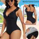 SHAPERIN Women's Ruffle One Piece Swimsuits Tummy Control Bathing Suit Sexy V Neck Swimwear Adjustable Straps (Black, XL)