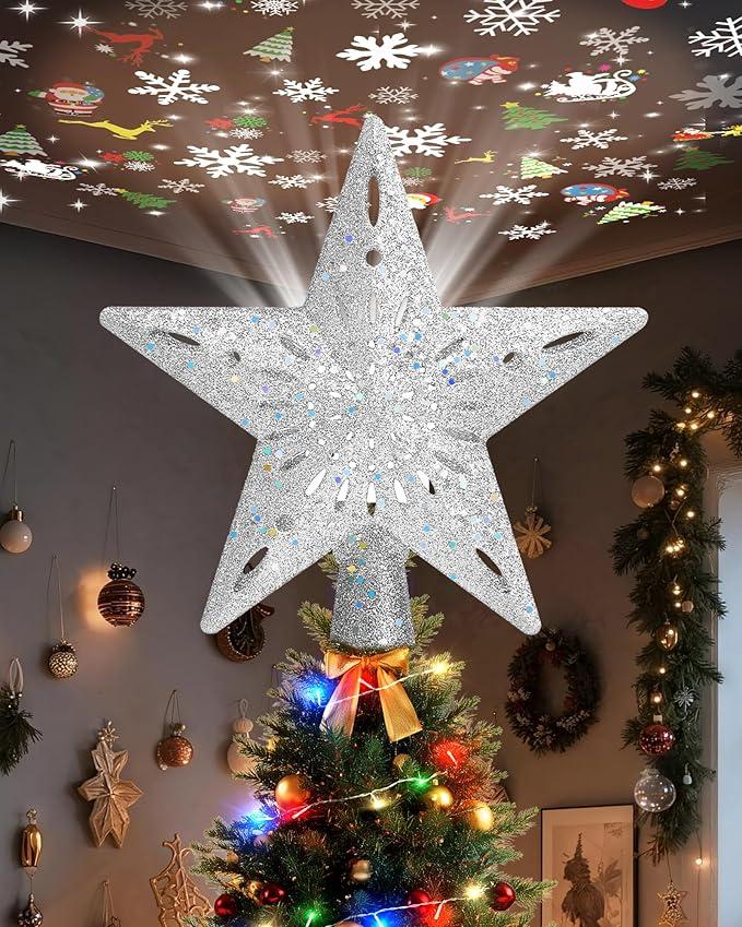 Christmas Tree Topper Star Lighted with 32.8ft Breathing Flickering Light Cord & 6 LED Projection Modes, Silver Christmas Star Topper for Indoor Xmas Holiday Tree Decoration