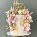 Pink Balls Cake Topper Boho Grass Cake Topper Pink White Gold Pearl Balls Happy Birthday Cake Decorations for Wedding Birthday Boho Themed Supplies (Pink)